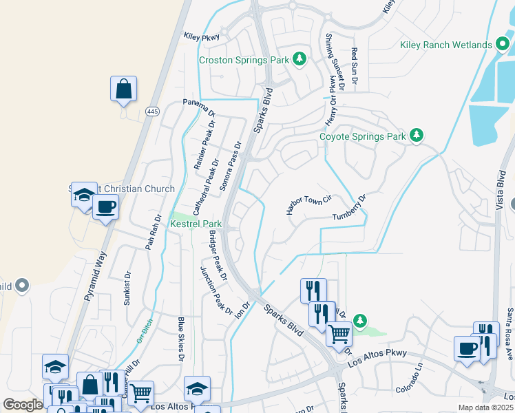 map of restaurants, bars, coffee shops, grocery stores, and more near 5686 Churchill Green Drive in Sparks