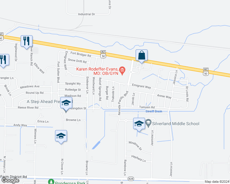 map of restaurants, bars, coffee shops, grocery stores, and more near 1511 Trubode Lane in Fernley