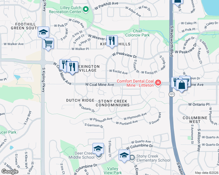map of restaurants, bars, coffee shops, grocery stores, and more near 9140 West Coal Mine Avenue in Littleton