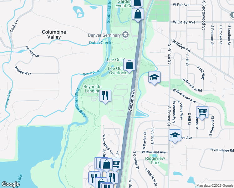 map of restaurants, bars, coffee shops, grocery stores, and more near 6705 South Santa Fe Drive in Littleton