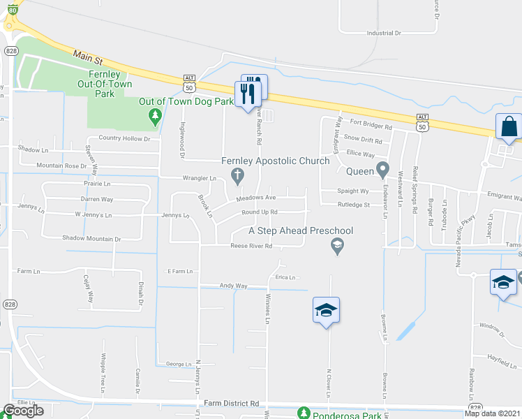 map of restaurants, bars, coffee shops, grocery stores, and more near 1678 Round Up Road in Fernley