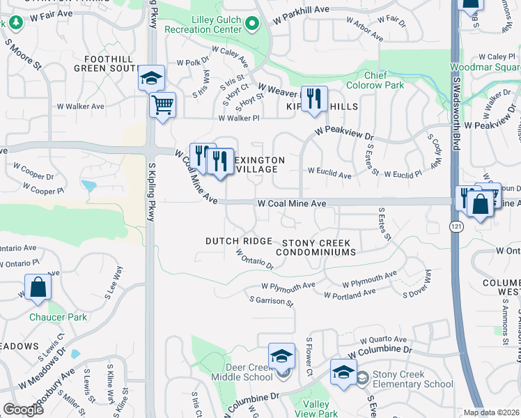 map of restaurants, bars, coffee shops, grocery stores, and more near 9579 West Coal Mine Avenue in Littleton