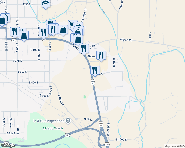 map of restaurants, bars, coffee shops, grocery stores, and more near 798 East 300 South in Price