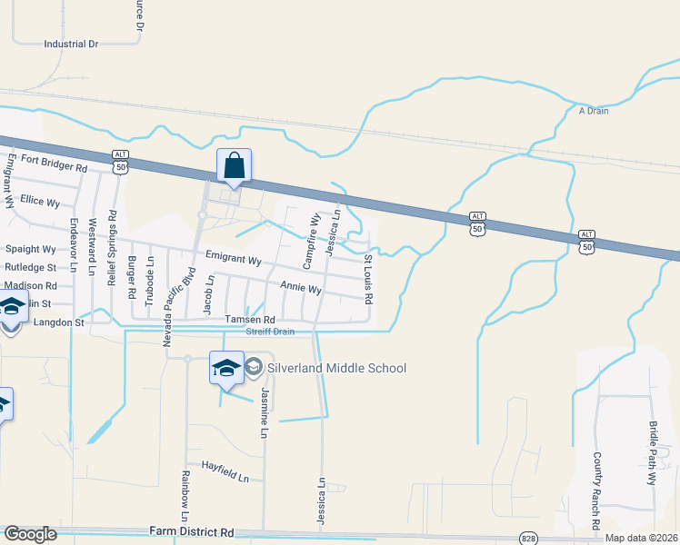 map of restaurants, bars, coffee shops, grocery stores, and more near 300 Lariat Street in Fernley