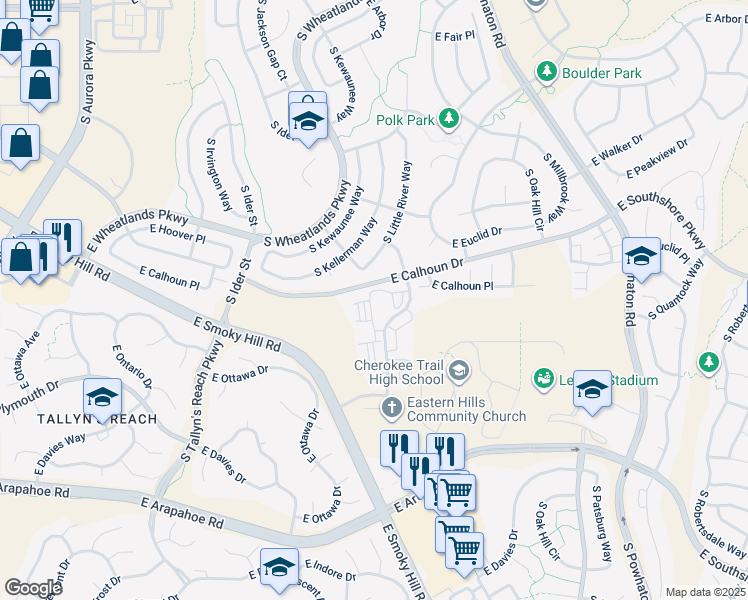 map of restaurants, bars, coffee shops, grocery stores, and more near 25460 East Euclid Place in Aurora