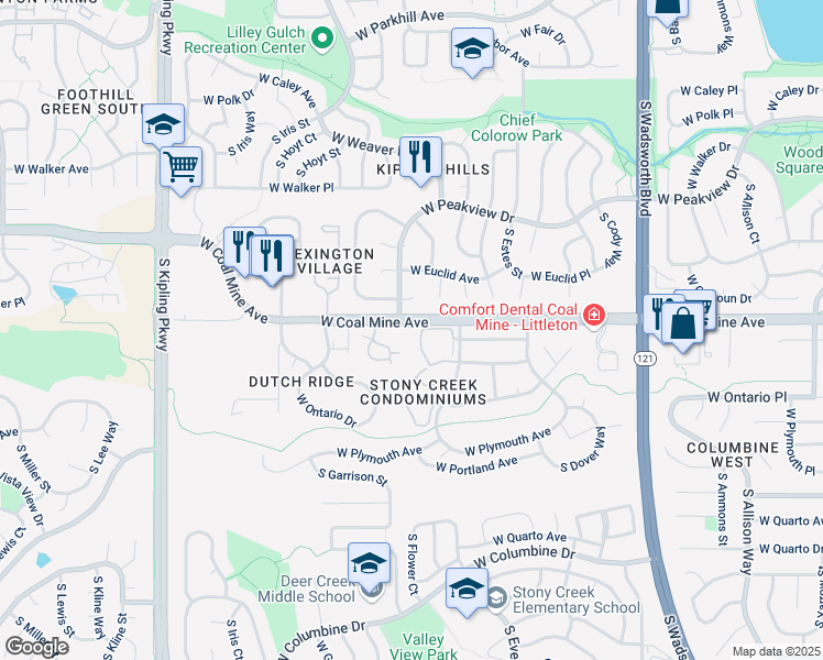 map of restaurants, bars, coffee shops, grocery stores, and more near 9184 West Calhoun Place in Littleton