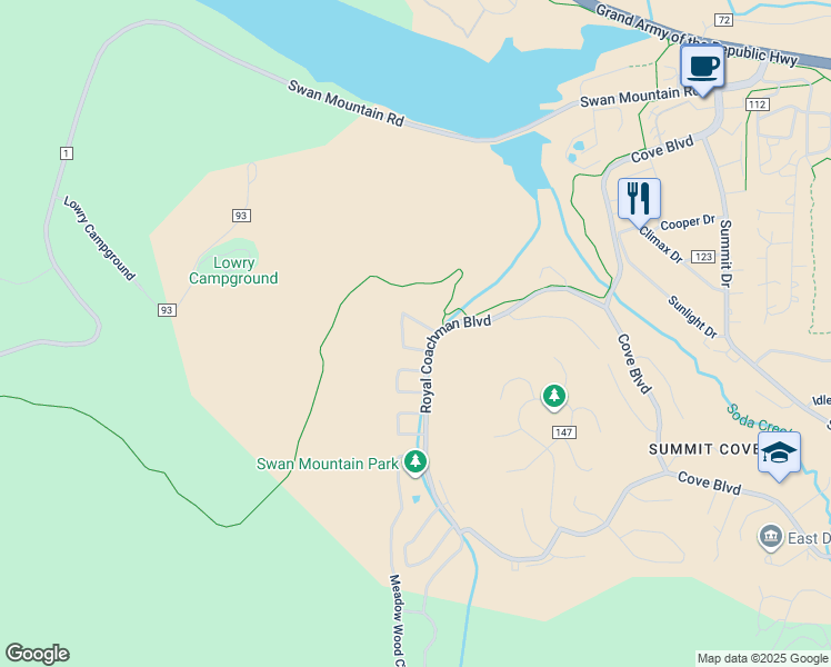 map of restaurants, bars, coffee shops, grocery stores, and more near 687 Royal Coachman Boulevard in Dillon
