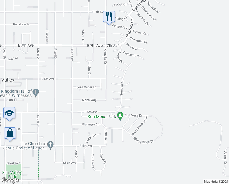 map of restaurants, bars, coffee shops, grocery stores, and more near 5527 Mulberry Court in Sun Valley