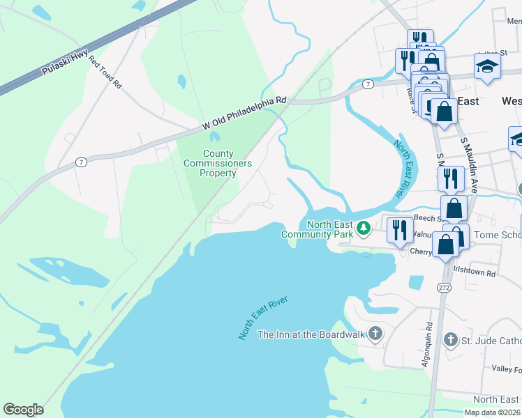 map of restaurants, bars, coffee shops, grocery stores, and more near 124 Northeast Isles Drive in North East