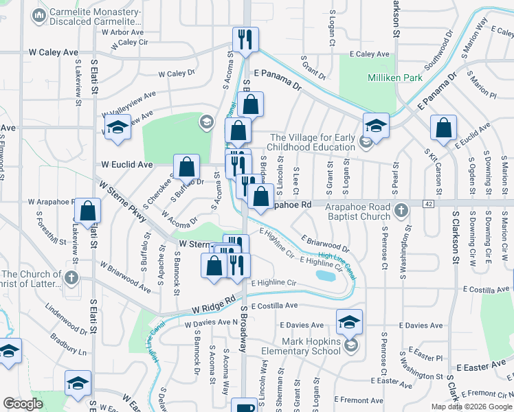 map of restaurants, bars, coffee shops, grocery stores, and more near 6680 South Broadway in Centennial