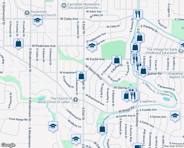 map of restaurants, bars, coffee shops, grocery stores, and more near 6709 South Delaware Street in Littleton