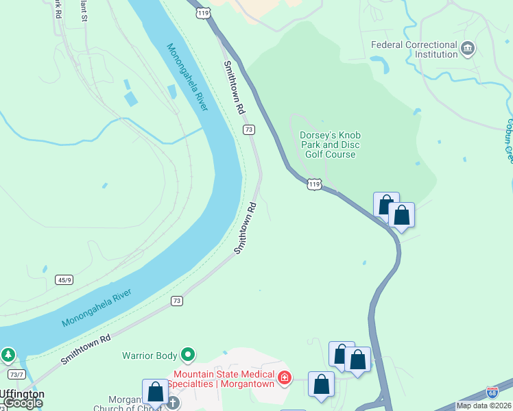 map of restaurants, bars, coffee shops, grocery stores, and more near 251 Smithtown Rd in Morgantown