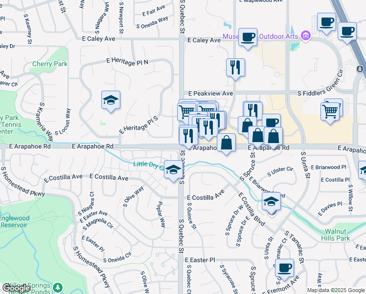 map of restaurants, bars, coffee shops, grocery stores, and more near E Arapahoe Rd & S Quebec St in Centennial
