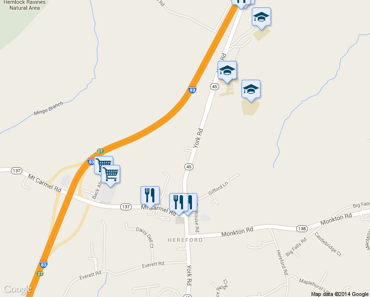 map of restaurants, bars, coffee shops, grocery stores, and more near 17114 York Road in Parkton