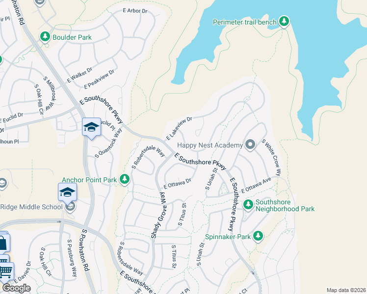 map of restaurants, bars, coffee shops, grocery stores, and more near 27242 East Euclid Drive in Aurora