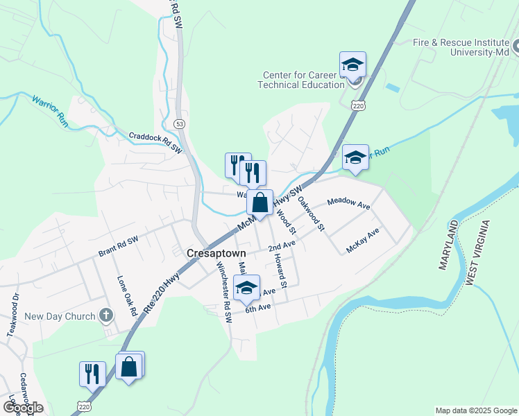 map of restaurants, bars, coffee shops, grocery stores, and more near 13114 Warrior Drive in Cumberland
