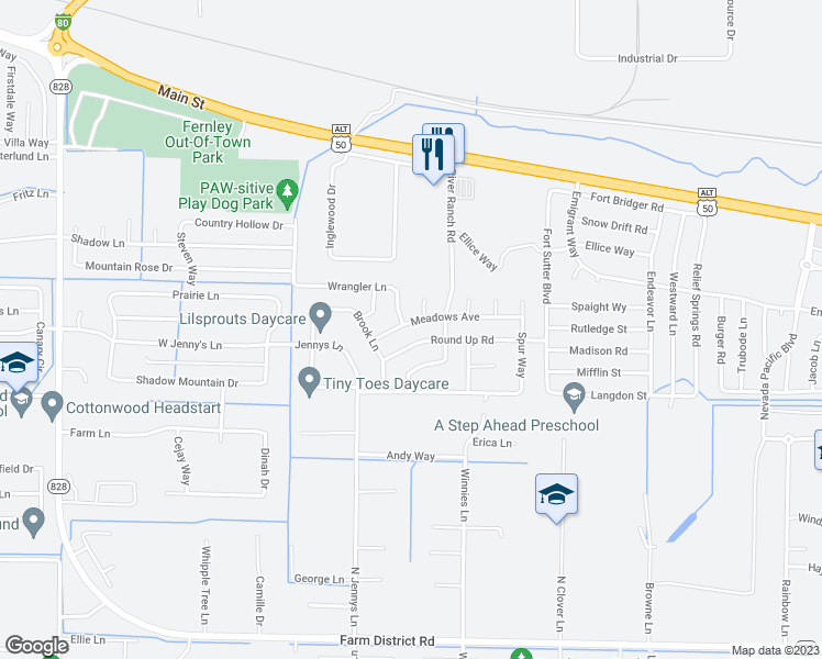 map of restaurants, bars, coffee shops, grocery stores, and more near 1613 Meadows Avenue in Fernley
