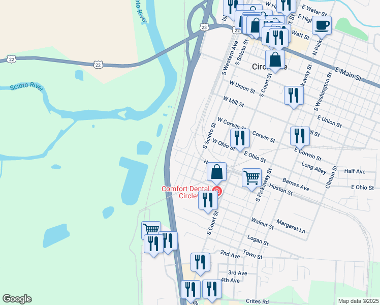 map of restaurants, bars, coffee shops, grocery stores, and more near 640 Maplewood Avenue in Circleville