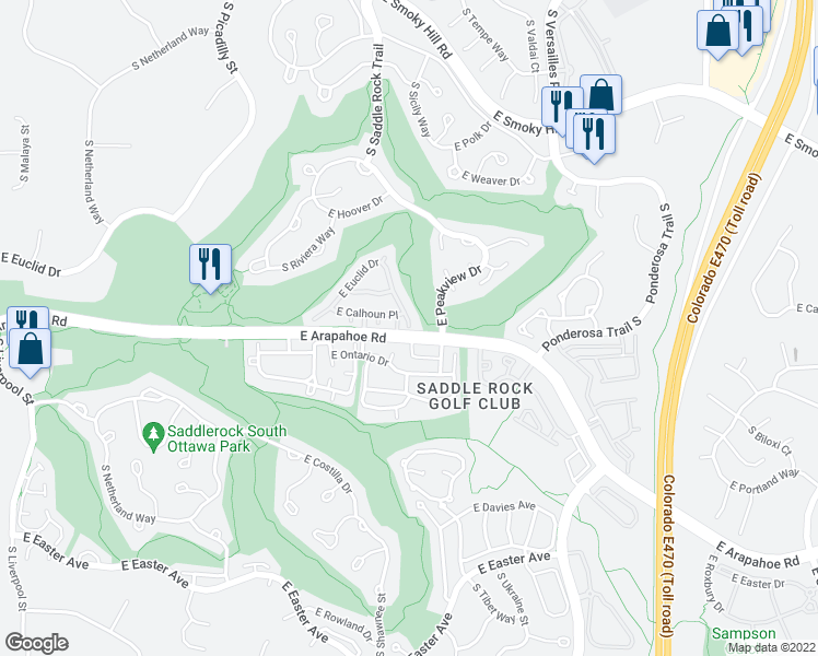 map of restaurants, bars, coffee shops, grocery stores, and more near 27653 East Euclid Drive in Aurora