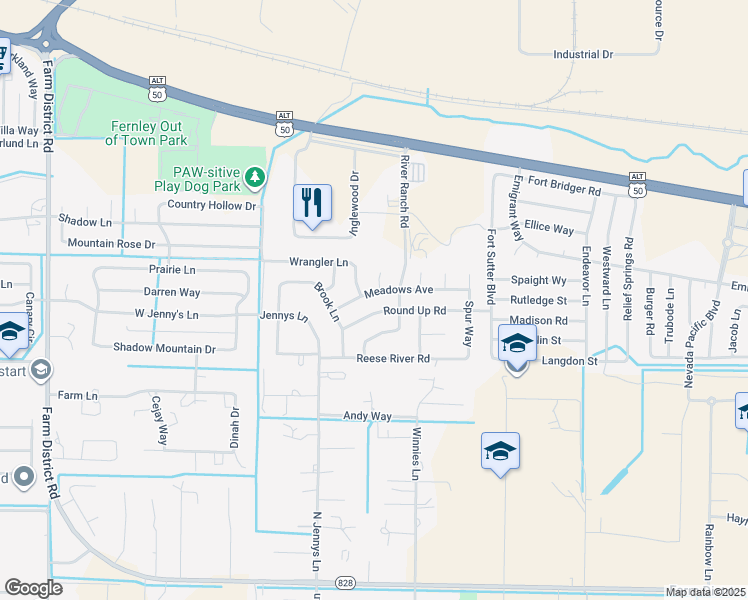 map of restaurants, bars, coffee shops, grocery stores, and more near 1615 Meadows Avenue in Fernley