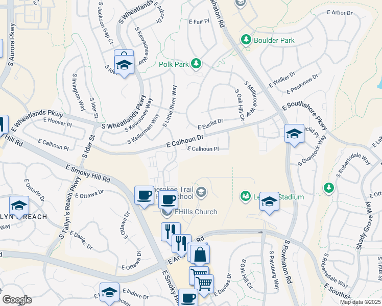 map of restaurants, bars, coffee shops, grocery stores, and more near 25759 East Calhoun Place in Aurora