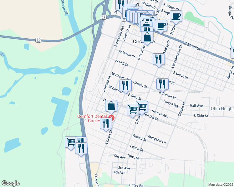 map of restaurants, bars, coffee shops, grocery stores, and more near 201 West Ohio Street in Circleville