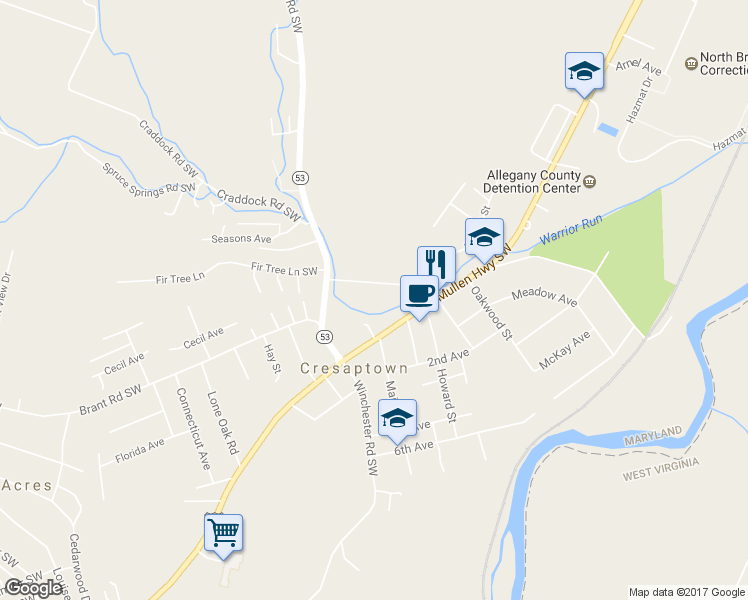 map of restaurants, bars, coffee shops, grocery stores, and more near 13132 Warrior Drive in Cumberland