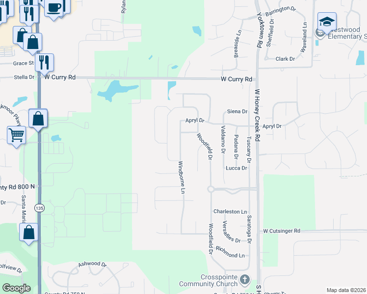 map of restaurants, bars, coffee shops, grocery stores, and more near 1449 Windborne Lane in Greenwood