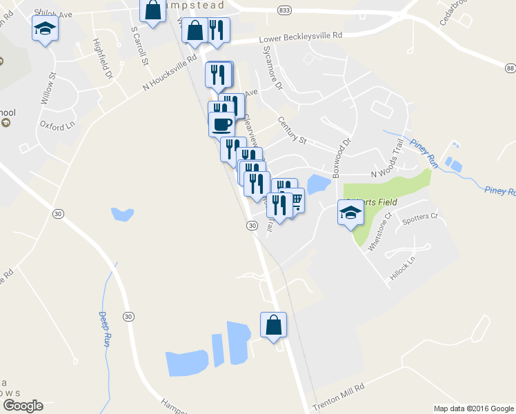 map of restaurants, bars, coffee shops, grocery stores, and more near 4247 North Woods Trail in Hampstead