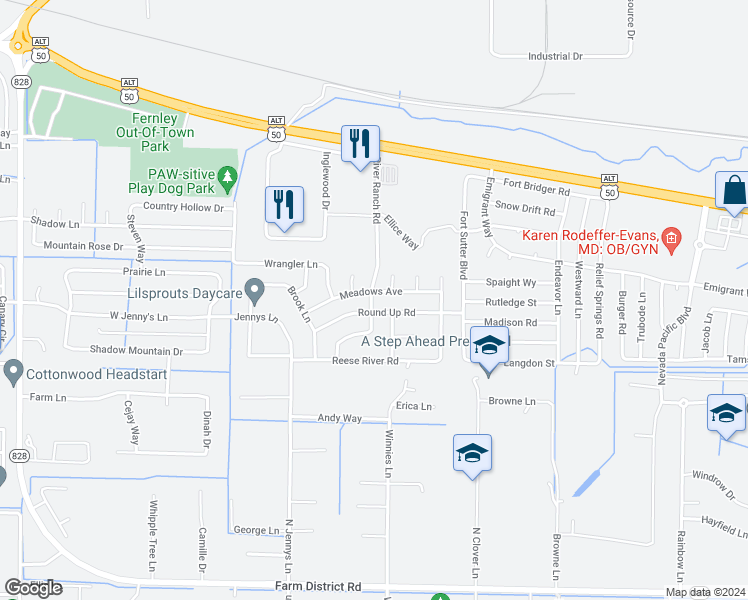 map of restaurants, bars, coffee shops, grocery stores, and more near 1625 Meadows Avenue in Fernley