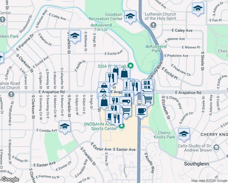 map of restaurants, bars, coffee shops, grocery stores, and more near 6767 South Vine Street in Centennial