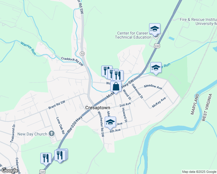 map of restaurants, bars, coffee shops, grocery stores, and more near 13132 Warrior Drive in Cumberland