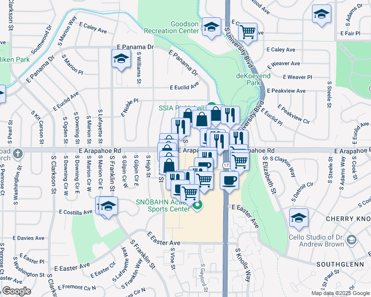 map of restaurants, bars, coffee shops, grocery stores, and more near 6767 South Vine Street in Centennial