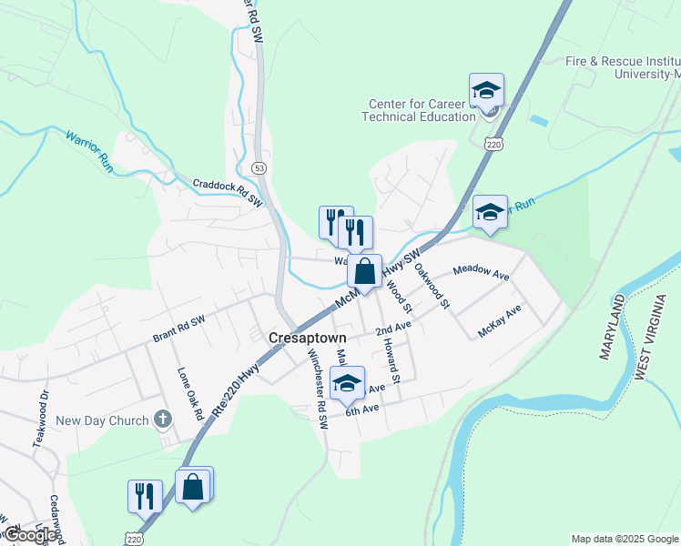 map of restaurants, bars, coffee shops, grocery stores, and more near 13132 Warrior Drive in Cumberland