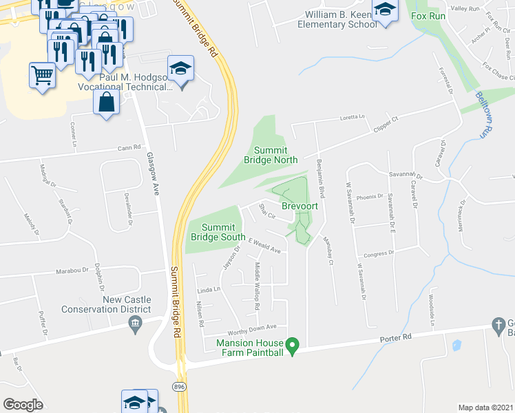 map of restaurants, bars, coffee shops, grocery stores, and more near 452 Shai Circle in Bear