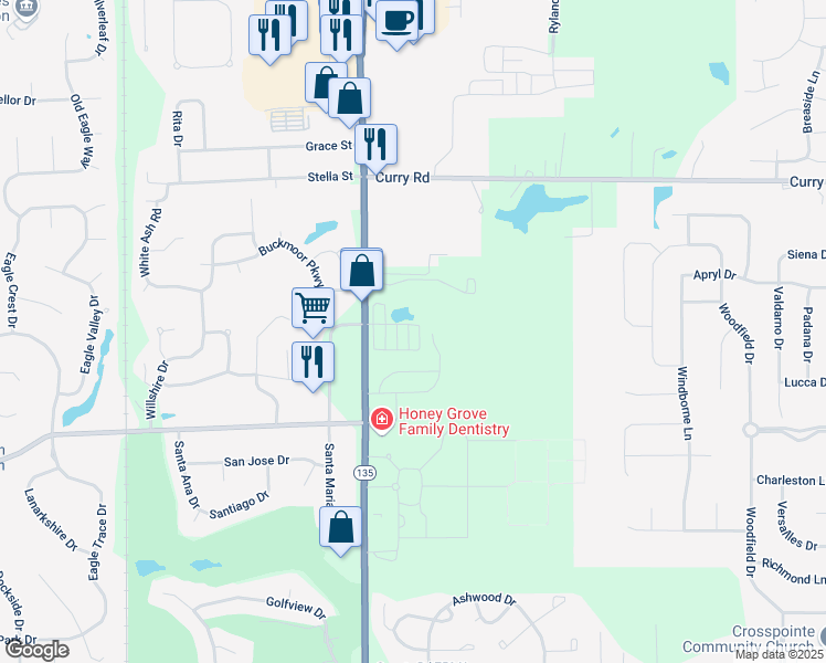 map of restaurants, bars, coffee shops, grocery stores, and more near 1471 Autumn Oak Street in Greenwood