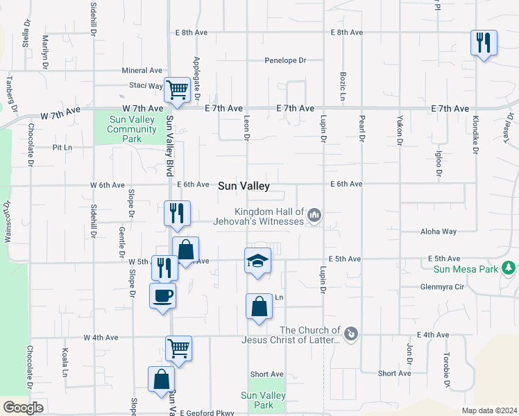 map of restaurants, bars, coffee shops, grocery stores, and more near 225 Bent Pine Circle in Sun Valley