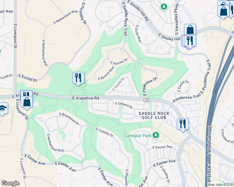 map of restaurants, bars, coffee shops, grocery stores, and more near 21990 East Euclid Drive in Aurora