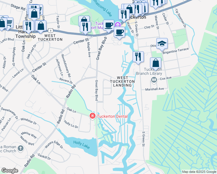 map of restaurants, bars, coffee shops, grocery stores, and more near 15 Sabre Road in Tuckerton