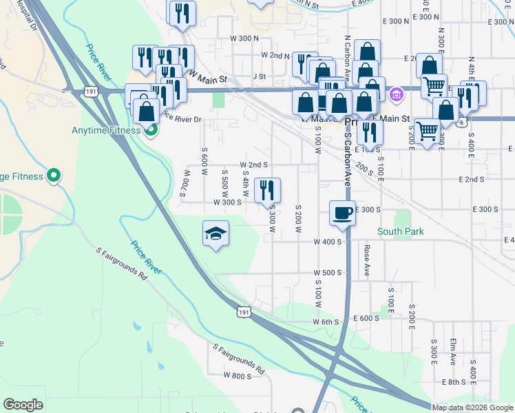 map of restaurants, bars, coffee shops, grocery stores, and more near 361 West 300 South in Price
