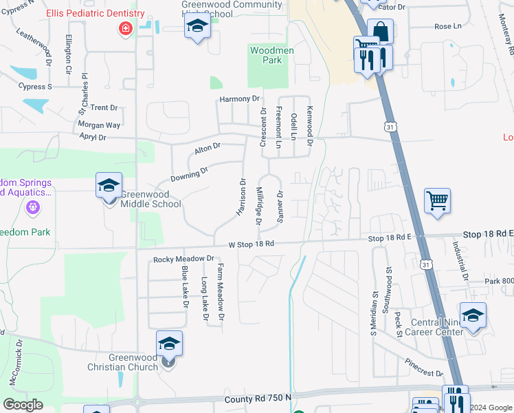 map of restaurants, bars, coffee shops, grocery stores, and more near 1474 Millridge Drive in Greenwood