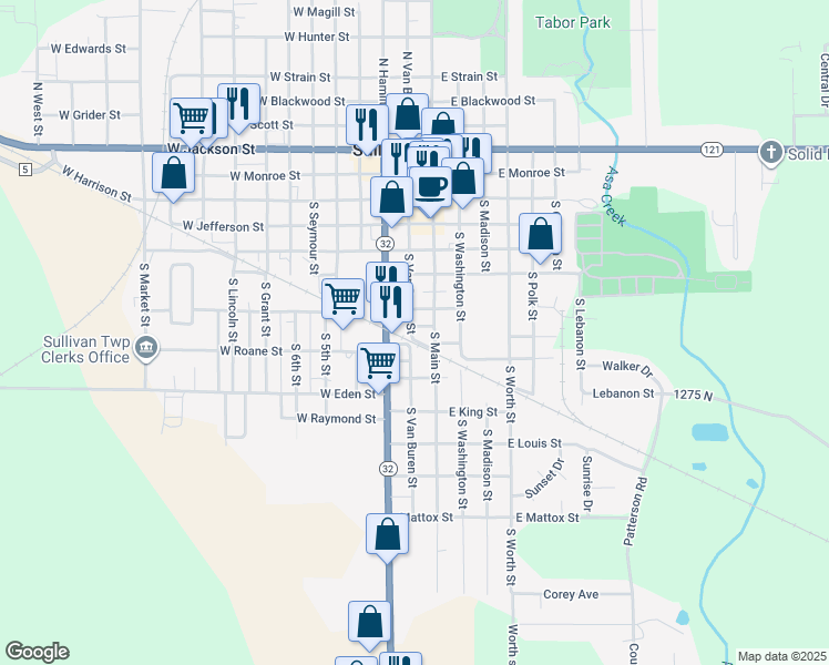 map of restaurants, bars, coffee shops, grocery stores, and more near South Van Buren Street in Sullivan