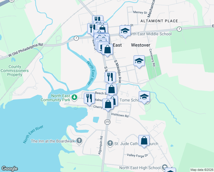 map of restaurants, bars, coffee shops, grocery stores, and more near 507 South Main Street in North East