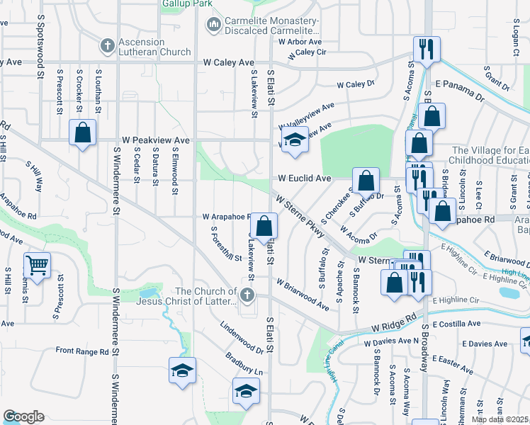 map of restaurants, bars, coffee shops, grocery stores, and more near 6674 South Lakeview Street in Littleton