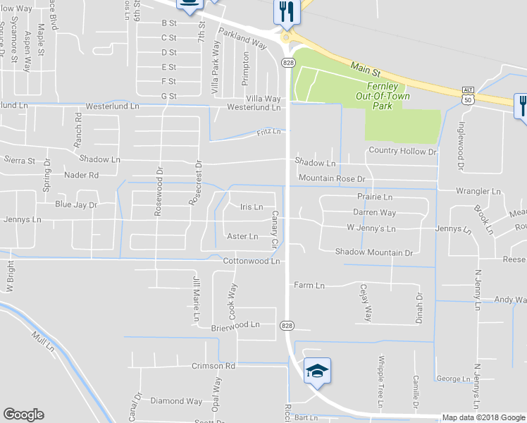 map of restaurants, bars, coffee shops, grocery stores, and more near 1031 Iris Lane in Fernley