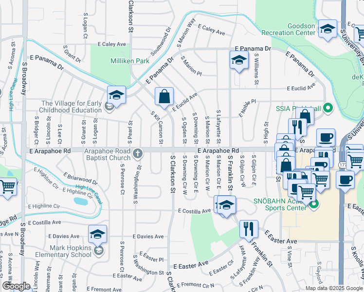map of restaurants, bars, coffee shops, grocery stores, and more near 6695 South Ogden Street in Centennial