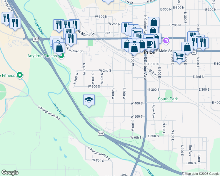 map of restaurants, bars, coffee shops, grocery stores, and more near 361 West 300 South in Price