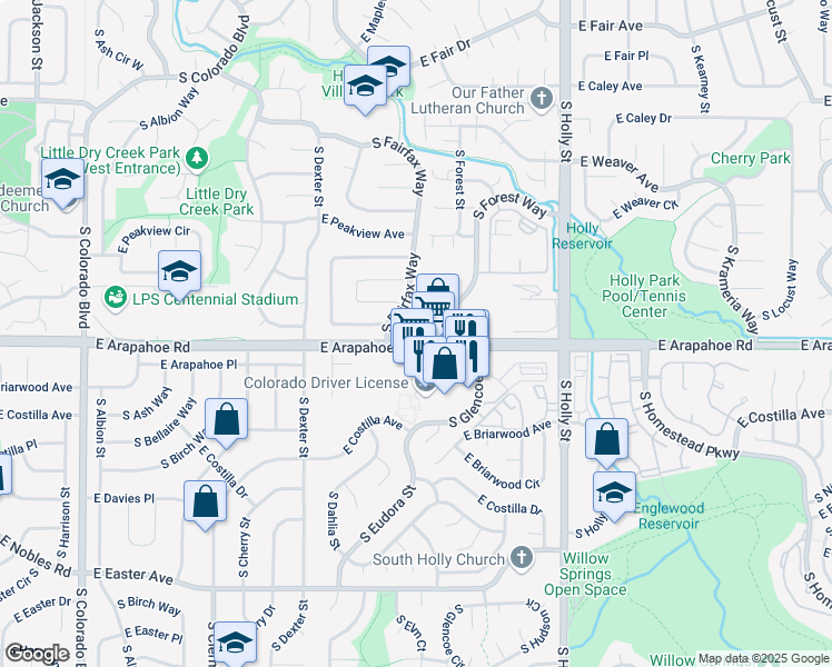 map of restaurants, bars, coffee shops, grocery stores, and more near 5171 East Arapahoe Road in Centennial