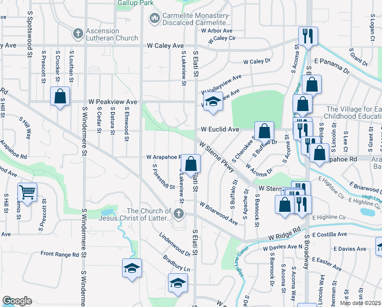 map of restaurants, bars, coffee shops, grocery stores, and more near 6674 South Lakeview Street in Littleton