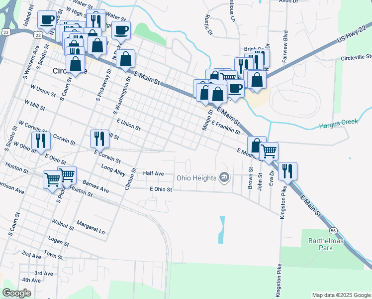 map of restaurants, bars, coffee shops, grocery stores, and more near 531 East Union Street in Circleville